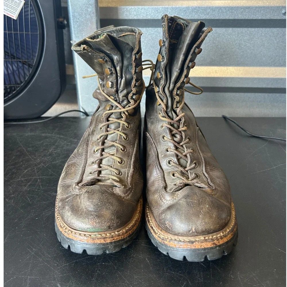Vintage Brown Leather Logger Work Boots Vibram Montagna Lug Mens 12in Outsole